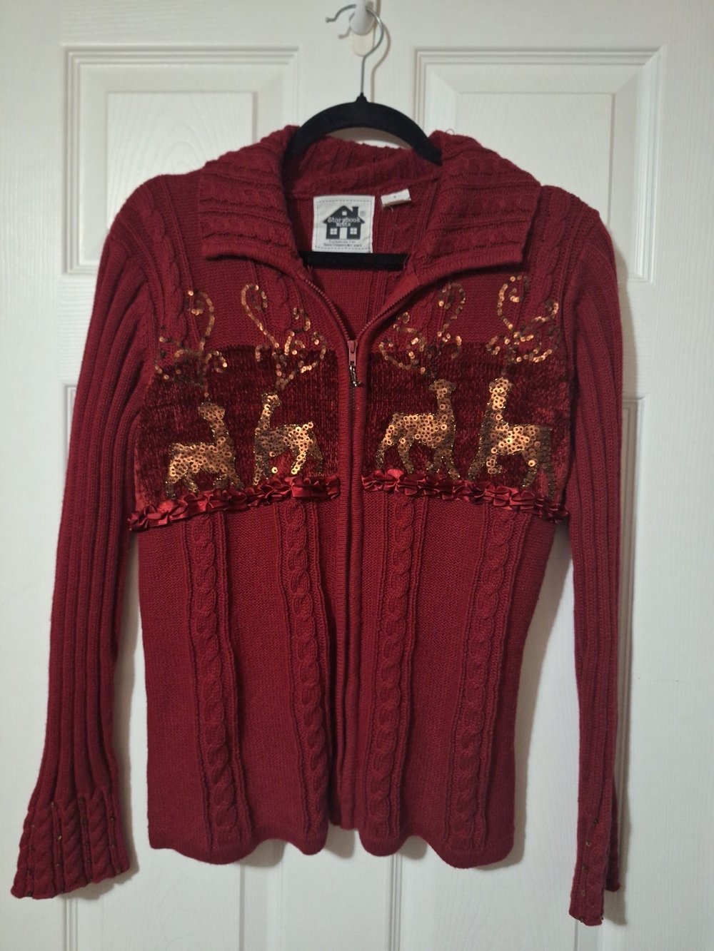 Storybook Knits Red Sequin Reindeer Zip Cardigan Size Small